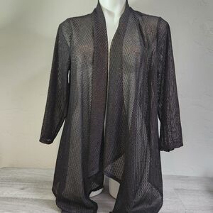Chico's Black‎ Metalic Copper Cardigan 1 Asymetrical Waterfall Net Mesh Two Tone